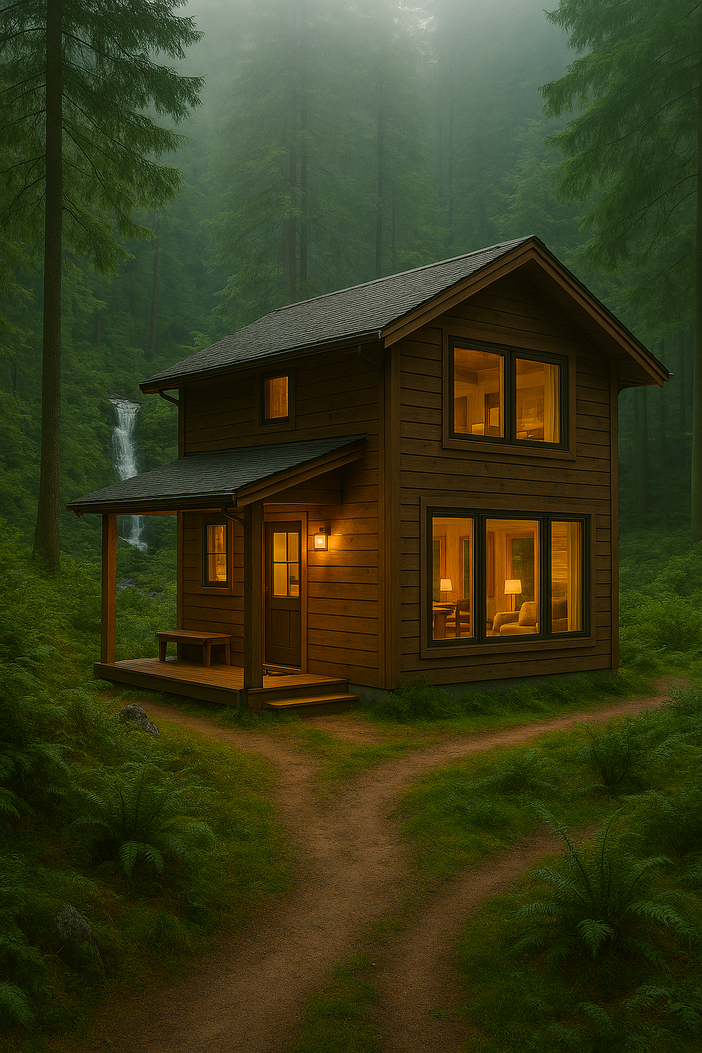 Forest lodge surrounded by woodland and trails